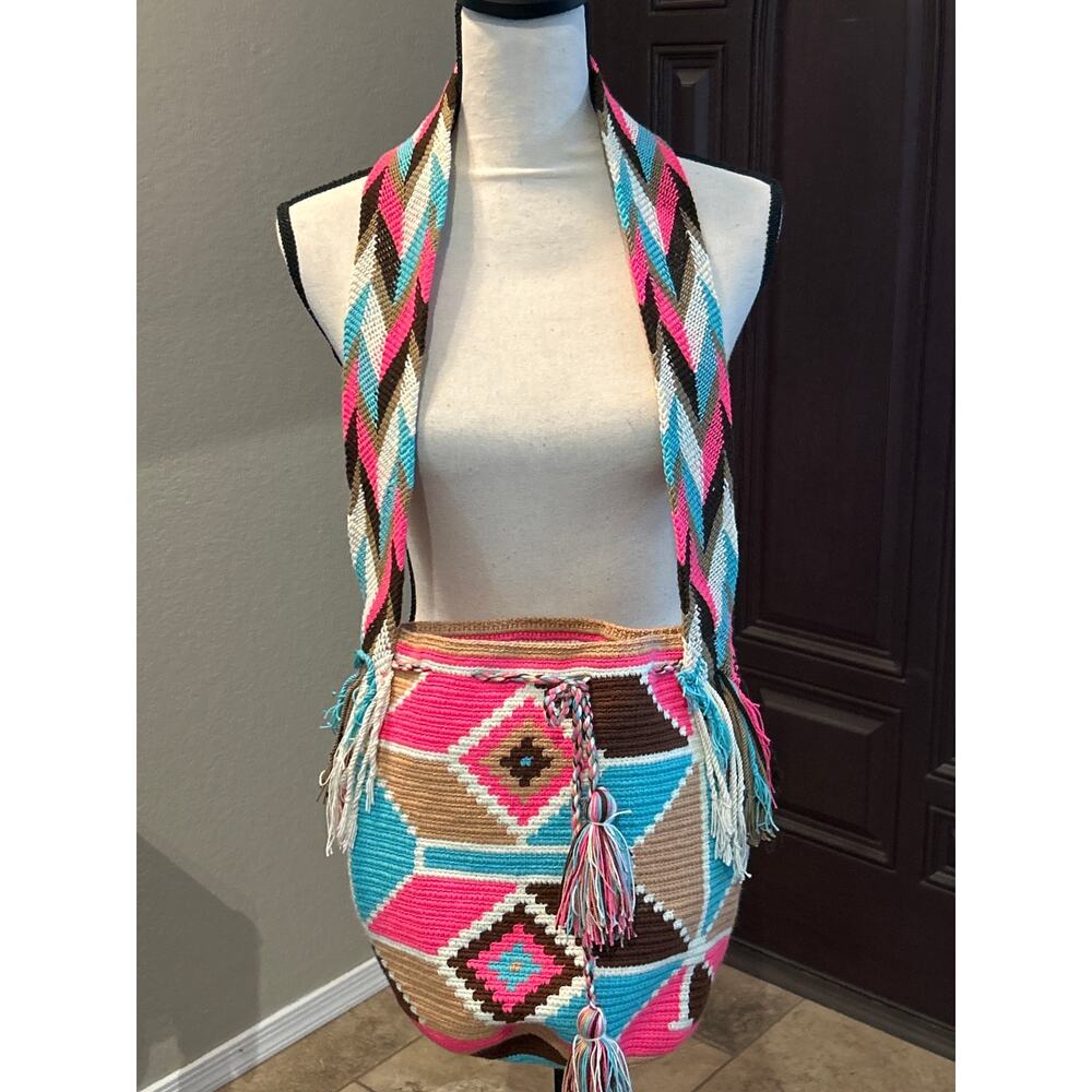 Wayuu Mochila Pink Blue Drawstring Bucket Bag